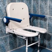 AKW Advanced Wall Mounted Extra Wide Fold-up Moulded Horseshoe Seat w/ Support Legs, Back & Blue Padded Arms